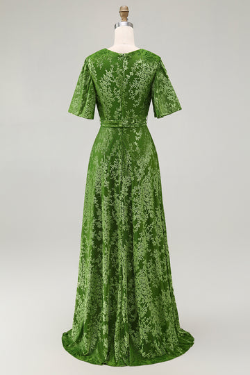 Burnout Velvet Sage Green V-Neck Long Mother of Bride Dress with Sash